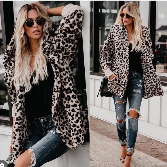 Women Leopard hooded jacket plush warm fuzzy jacket - Picture 2 of 7